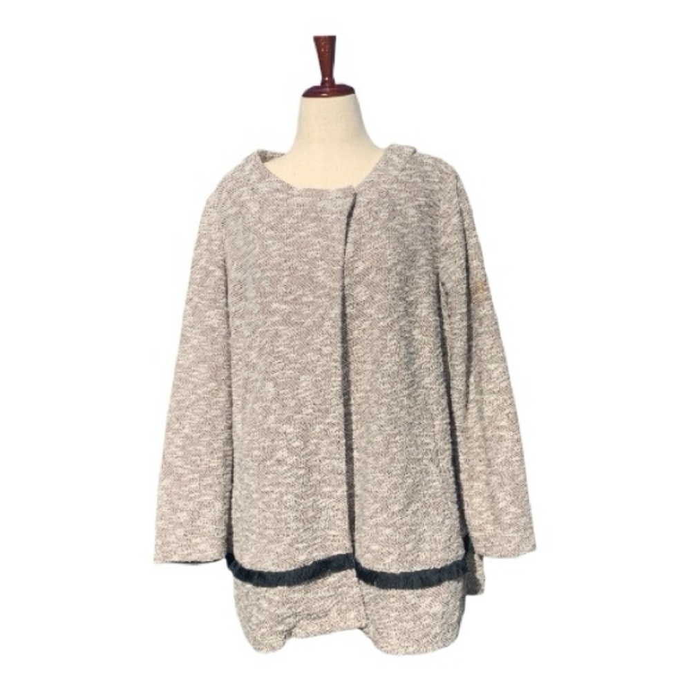 Logo By Lori Goldstein Tan Blk White Boucle Jacket‎ Cardigan Fringe Detail Sz 2X